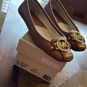 Michael Kors Brown Leather Flats with Gold Logo